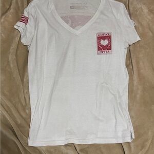 Grunt Style White V‑Neck Tee with Red Heart Patch